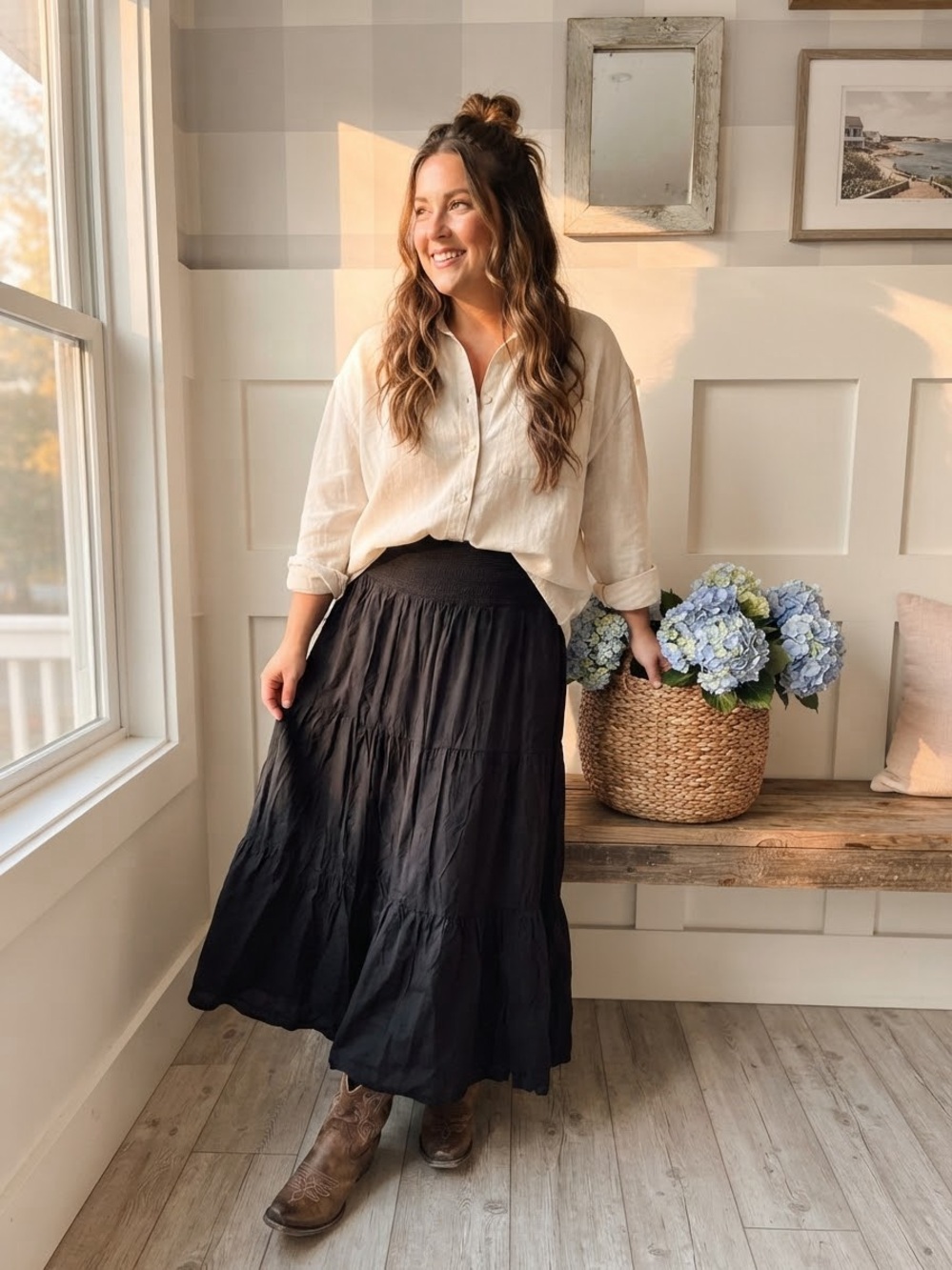 Cotton Black Tiered Maxi Skirt with Smocked Waistband